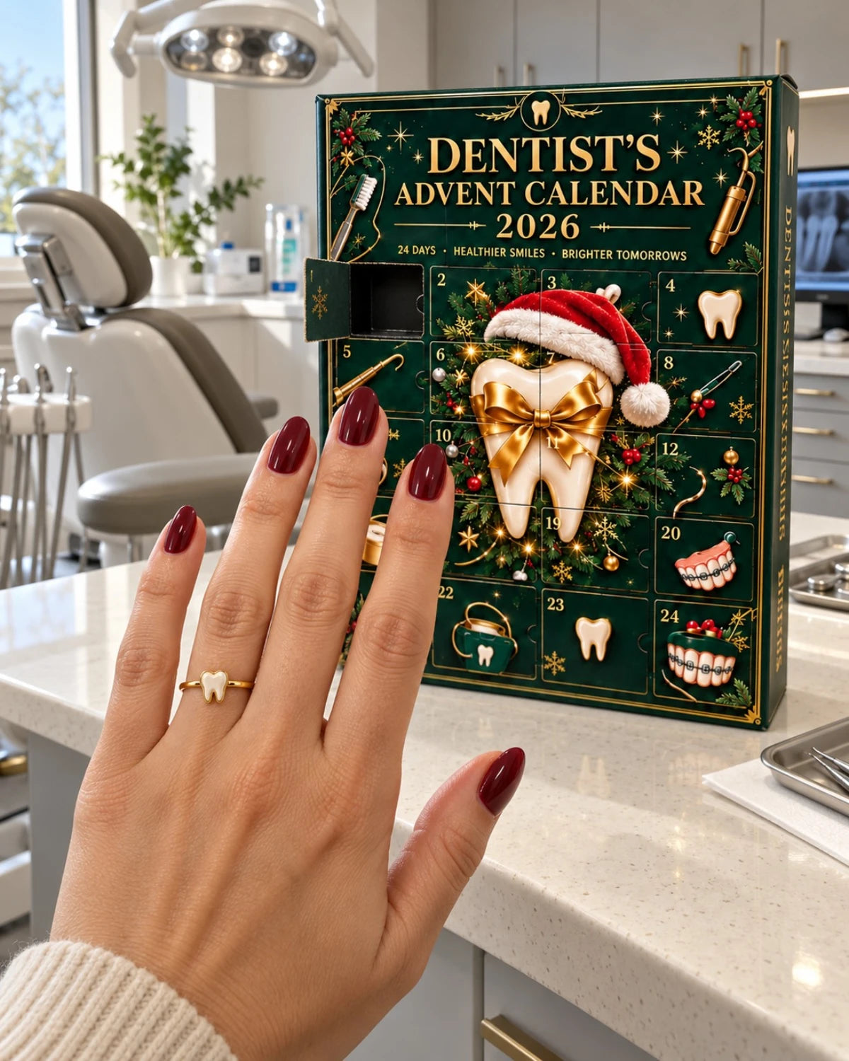 Tooth ring shown in a dental office beside the advent calendar