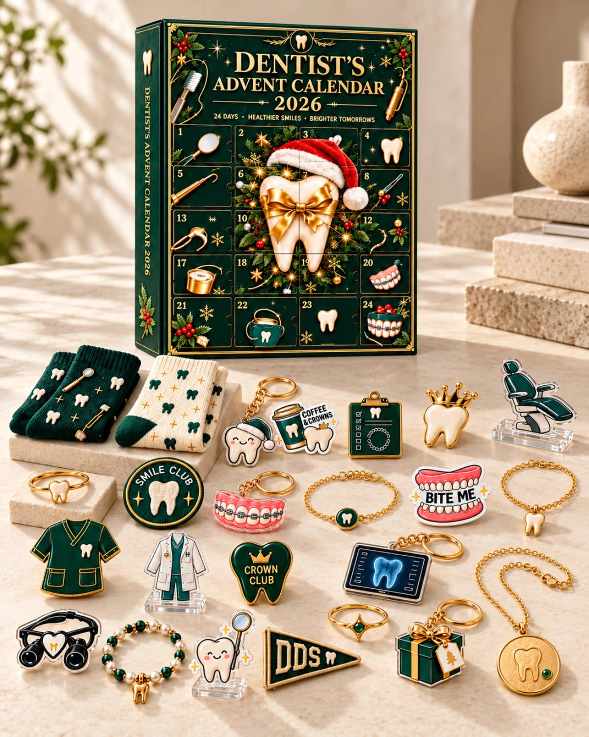 Dentist’s Advent Calendar with dental-themed gifts on a warm stone display